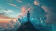 A person stands on the peak of a rugged mountain, gazing out over a vast cloudscape that blankets the sky. The clouds, dense and fluffy with well-defined edges, are illuminated by the warm glow of a s