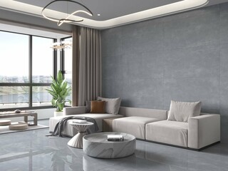 Wall Mural - Luxury room interior with grey marble walls and floors, wooden furniture, beautiful chandelier, white sofa set, green plant pot aside. 3D Rendering