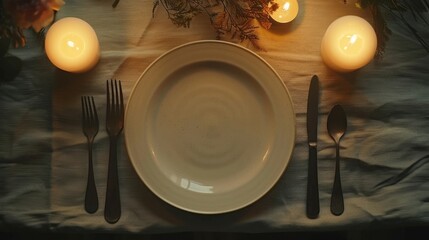 A top view of fine place setting with candles.