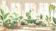 Interior of living room with green houseplants 