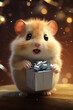 A little adorable hamster unwrapping a birthday gift. A cute furry pet holding a Christmas present in a silver box with a ribbon. AI-generated