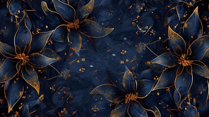 Wall Mural - Abstract seamless pattern, tiling texture, floral, dark blue and gold