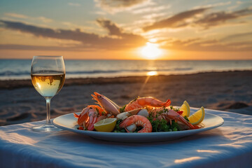 romantic sunset dinner on the beach. table honeymoon set for two with luxurious food, glasses of cha