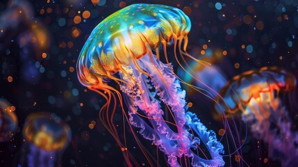 a colorful jellyfish is floating in the dark blue water