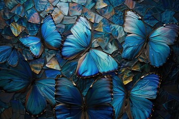 Sticker - An abstract representation of morpho butterflies forming a mosaic of iridescent blues, their delicate wings creating a stunning visual display