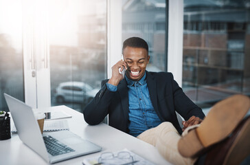 Aufkleber - Businessman, laughing and relax with phone call for funny joke, discussion or communication at office. Happy black man, accountant or employee smile with mobile smartphone for friendly conversation