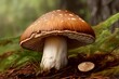 Enchanted mushroom on forest floor, surrounded towering trees and dappled sunlight through leaves