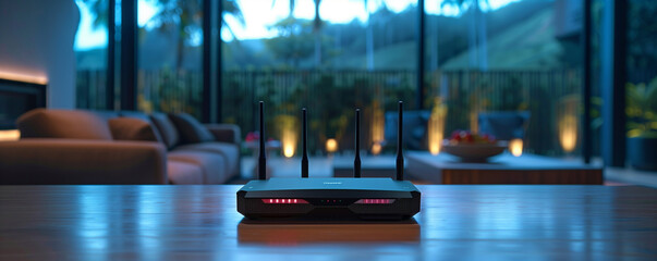 A sleek high-speed wireless router stands on a wooden table, its antennas poised and ready, set against a backdrop of modern home interior with connectivity and technology.