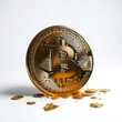 shiny golden Bitcoin coin that appears to be exploding or shattering into fragments against a white background