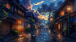 Japanese street in the evening sky in the anime art style. Old wooden building. Lanterns hanging from them on a cobblestone road. Traditional atmosphere. Asian architecture. 169 4k resolution. Ai