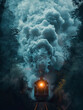 A steam locomotive billowing smoke, captured in a dynamic shot with the smoke forming an elegant and flowing shape that is reminiscent of clouds or mist.