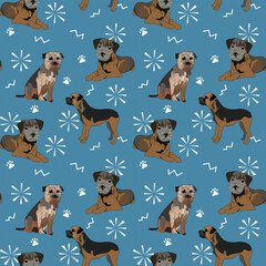 Wall Mural - Happy Christmas seamless pattern with border terrier dogs. Birthday present for dog fans. Square tile, background art with pets. Funny dog mascot, a repeatable image. Present wrapping, professional.