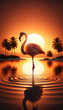 A single flamingo standing on a tranquil beach at sunset