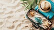 Open suitcase with summer vacation essentials on sandy beach, ready for a tropical getaway, surrounded by starfish and palms - AI generated