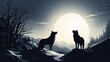 Elegant wolves silhouetted against a full moon on a snowy hilltop.