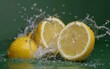A splash of water is falling on three lemons