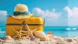 Summer travel concept with vintage suitcase and beach items on sandy shore against a sparkling ocean backdrop - AI generated