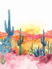 Wall Mural - Western desert watercolor illustration. Covered by various types of cacti with a background of barren hilly terrain.