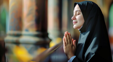 A woman in contemplative prayer inside a church.