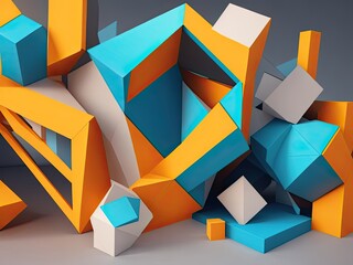 Poster - 3D render, abstract geometric blocks, and background design