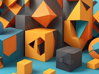 Poster - 3D render, abstract geometric blocks, and background design