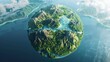 Explore the beauty of tropical landscapes from above with this stunning 3D illustration of a floating globe showcasing lush mountains and sparkling seas.