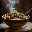 Fried mushroom and rice in a bowl