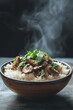 Fried mushroom and rice in a bowl