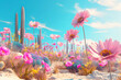 psychedelic vapor wave and surreal scenery with cactus and flower in the desert on an alien planet, trippy wallpaper art