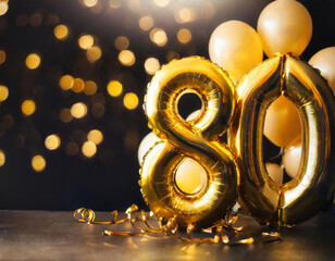 Wall Mural - Number 80-eighty, gold foil balloon. Anniversary celebration decoration with golden balloons on bokeh background. Party, birthday, anniversary, celebration concept	