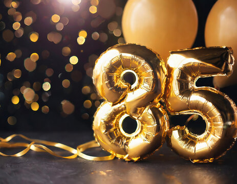Number 85-eighty five, gold foil balloon. Anniversary celebration decoration with golden balloons on bokeh background. Party, birthday, anniversary, celebration concept	