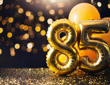 Number 85-eighty five, gold foil balloon. Anniversary celebration decoration with golden balloons on bokeh background. Party, birthday, anniversary, celebration concept	
