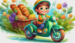oil painting style cartoon character cute baby pointing ride stylish green cross motorcycle with a basket of groceries,