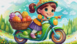 oil painting style cartoon character cute baby pointing ride stylish green cross motorcycle with a basket of groceries,