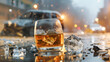 Glass of whiskey or cognac against the backdrop of an accident with a broken car. Concept of driving a car while drunk
