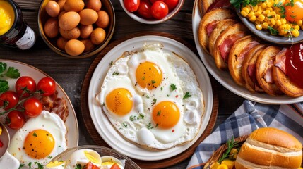 Poster - A breakfast spread featuring sunny-side-up eggs cooked to perfection, their vibrant yolks glistening with mouth-watering appeal.