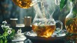 A close up of a glass cup of herbal tea being poured from a teapot with steam rising from the cup and a background of blurred greenery.