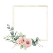 Watercolor square floral frame with golden geometric shape.. Dusty pink roses flowers and eucalyptus leaves. Arrangement for wedding invitations, greetings, cards. Hand painted illustration.