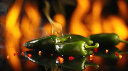 Wall Mural - Chili Peppers with fire in the background. Shallow depth of field with focus on the jalapeno. Peppers are on reflective surface ,Conceptual photograph of a jalapeno exploding with fire
