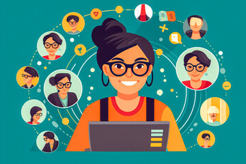 A woman is sitting in front of a laptop with a smiling face and a group of people around her. Concept of connection and community, as the woman is surrounded by friends and colleagues