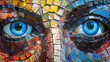 Colorful mosaic portrait with blue eyes in a variety of vibrant colors and intricate patterns