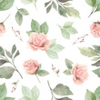 Watercolor floral seamless pattern. Pink roses flowers and eucalyptus leaves. Wrapping paper, textile, wedding, digital scrapbooking, packaging, fabrics, cards. Hand painted illustration.