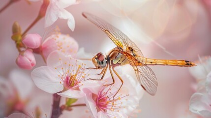 Poster - A close-up of a dragonfly perched on a delicate blossom, its slender legs and intricate wing patterns adding to the floral allure.