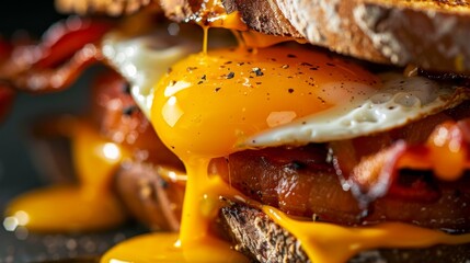 Poster - A close-up of a fried egg sandwich, with runny yolk spilling over crispy bacon and melted cheese, ready to satisfy any appetite.