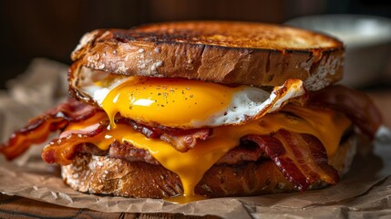 Poster - A close-up of a fried egg sandwich, with runny yolk spilling over crispy bacon and melted cheese, ready to satisfy any appetite.