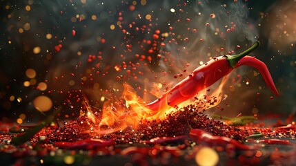 Wall Mural - Hot spicy chili pepper burning with flames, smoke and bright sparks scattered all over the black background, Long size, A good idea for a kitchen splashback or an upstand
