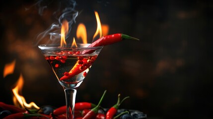 Wall Mural - Hot chili pepper in a martini glass with a fire on a black background, Flaming cocktail over black,Hot pepper with flame on black background