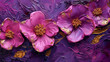 Bright pink and gold beautiful flowers on deep purple. An illustration in a picturesque style.