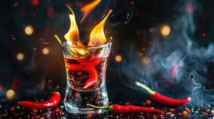 Wall Mural - Hot chili pepper in a shot glass with a fire on a black background ,Red hot chili pepper burns on black background ,Hot pepper with flame, Beautiful red chili pepper in a glass, on fire
