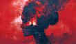 Profile woman  double exposure against the background of a nature disaster, Forest fire, volcano eruption. Environmental protection concept banner. International Mother Earth Day